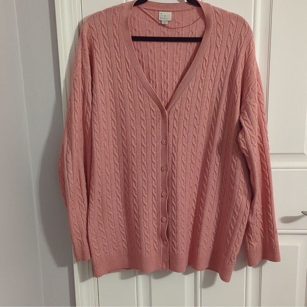 A New Day Peach/Apricot V-Neck Button-Front Cable-Knit Cardigan Sweater Womens L